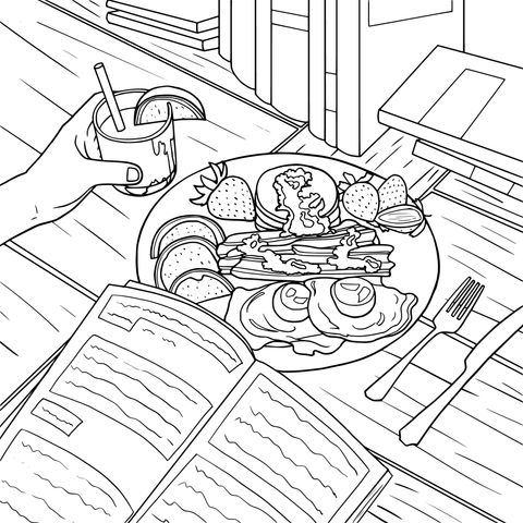 Illustration of Enjoying Breakfast and Coloring Time