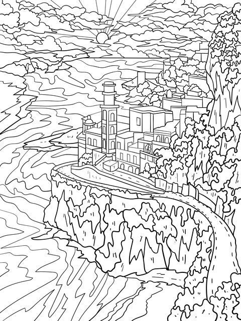 Seaside Town Scenery Coloring Page