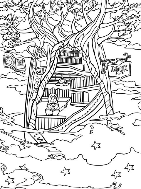 Dreamy Tree - House Bookstore Coloring Page