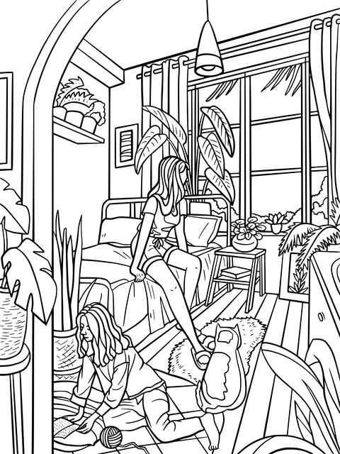 Coloring Page of a Girl's Room Scene