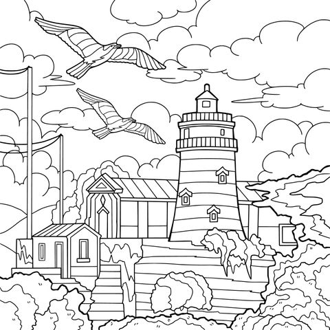 Página de Colorear de Paisaje con Faro