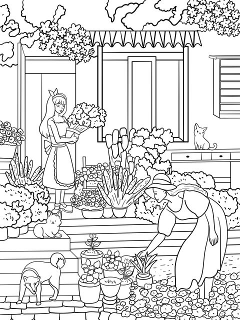 Gardening Activity Coloring Page in the Garden