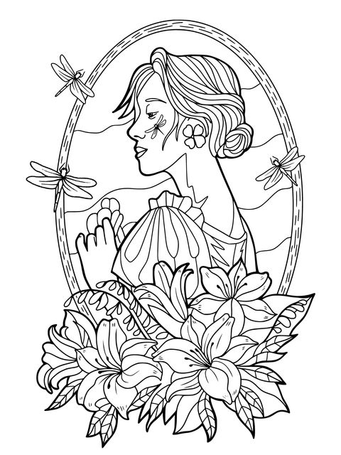 Coloring Page of a Woman with Flowers and Dragonflies