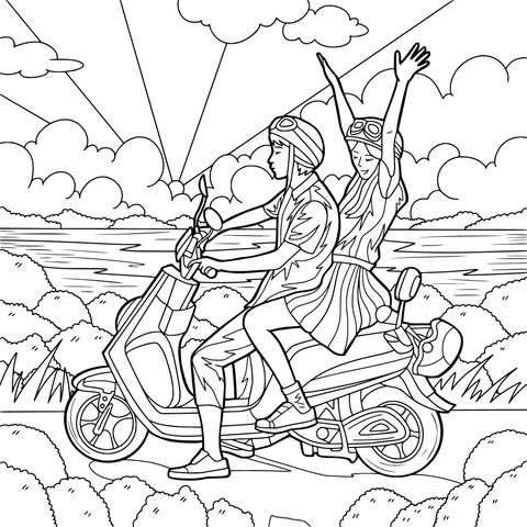 Couple Riding a Scooter on an Outing Coloring Page