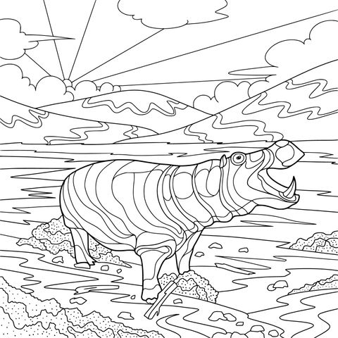 Coloring Page of a Hippo by the Riverbank