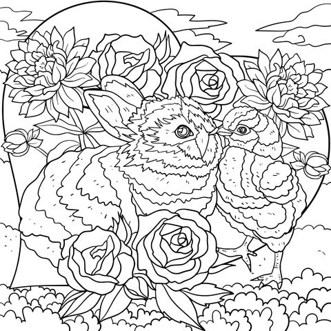 Adorable Rabbit, Bird and Flower Coloring Page