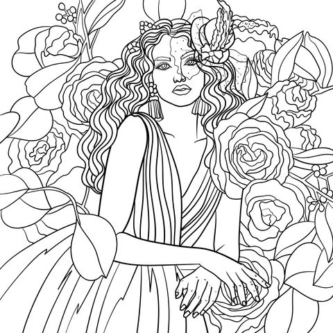 Coloring Page of a Woman Surrounded by Flowers