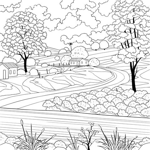 Rural Landscape Coloring Page