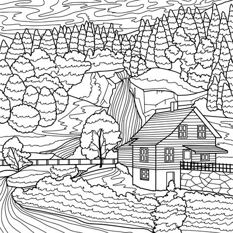 Rural Scenery Coloring Page: Cottage, Waterfall and Forest