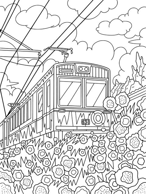 Coloring Page of a Tram Passing Through Flowering Bushes