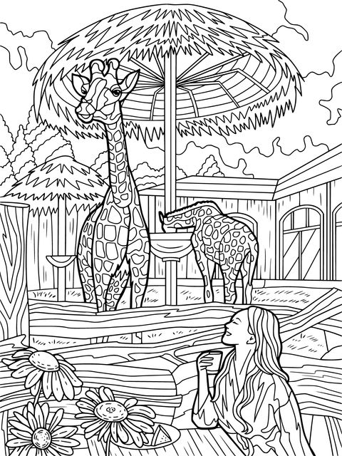 Página para colorir de uma mulher admirando girafas no zoológico