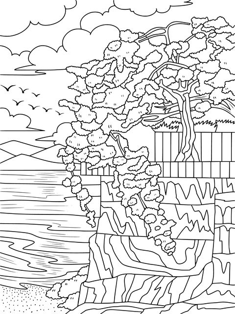 Seaside Cliff with Wisteria Coloring Page