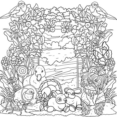 Adorable Animals and Spring Scenery Coloring Page