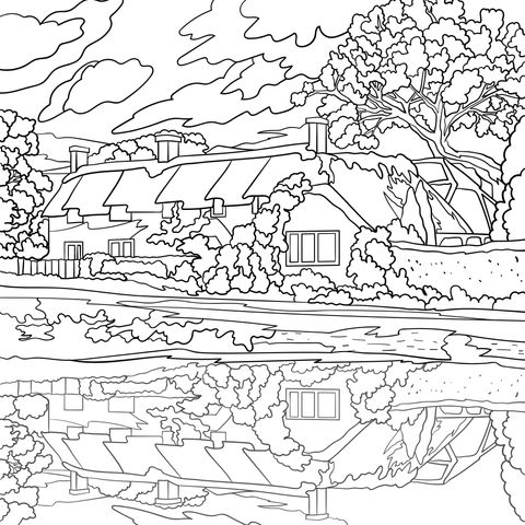 Autumn Cottage Landscape Coloring Page