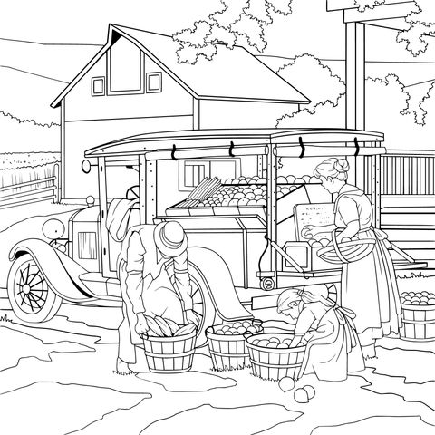 Vintage Farm Vegetable and Fruit Transaction Coloring Page