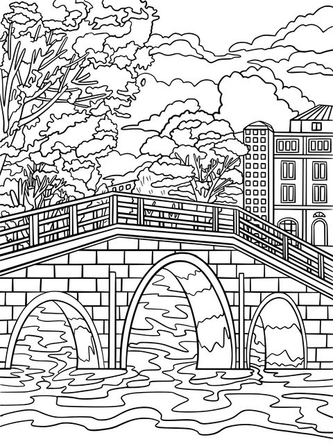 Stone Bridge Landscape Coloring Page