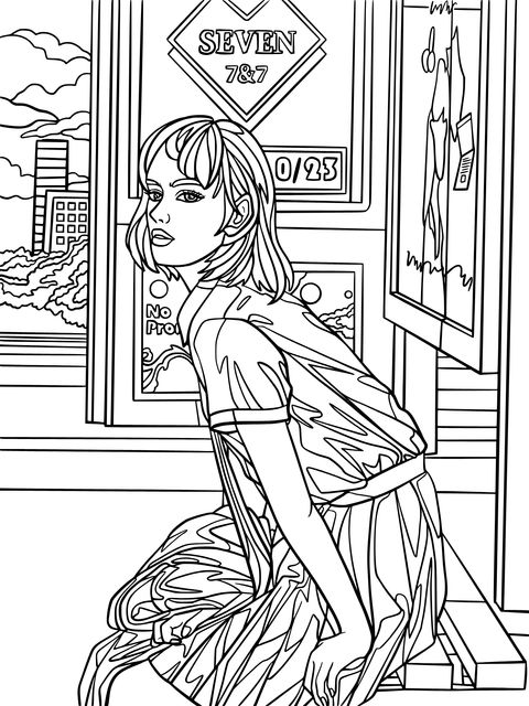 Fashionable Girl Resting on the Street Coloring Page