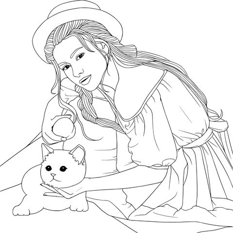 Girl and Cat Coloring Page Illustration