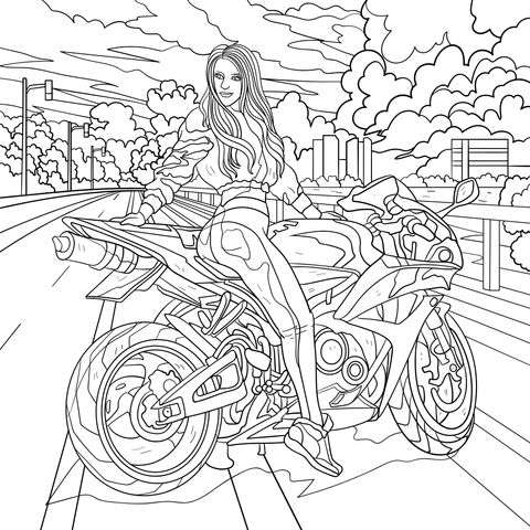 Coloring Page of a Woman Riding a Motorcycle