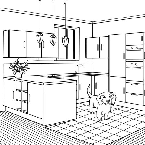 Página para colorear de una cocina con un cachorro