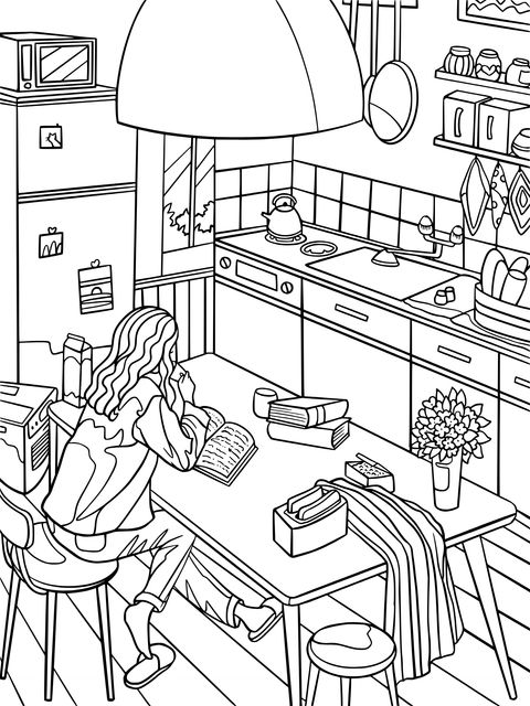 Cozy Kitchen Scene Coloring Page