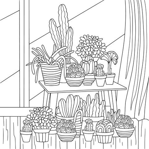 Ilustración de página para colorear de plantas verdes indoors