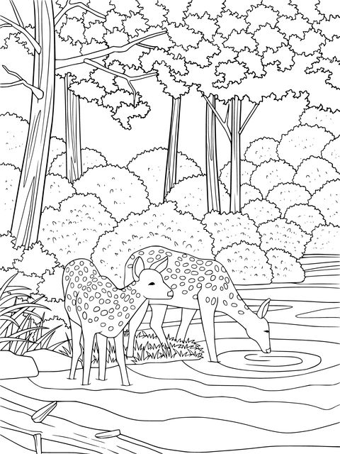 Deer by the Forest Stream Coloring Page