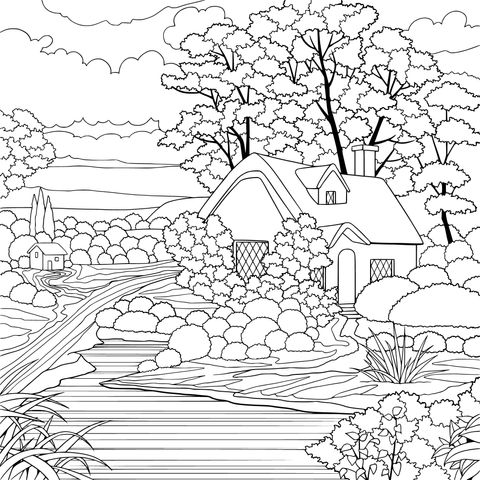 Rural Cottage Landscape Coloring Page