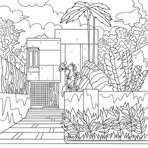 Modern House and Greenery Coloring Page