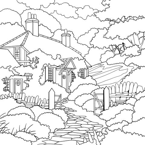 Rural Cottage Landscape Coloring Page