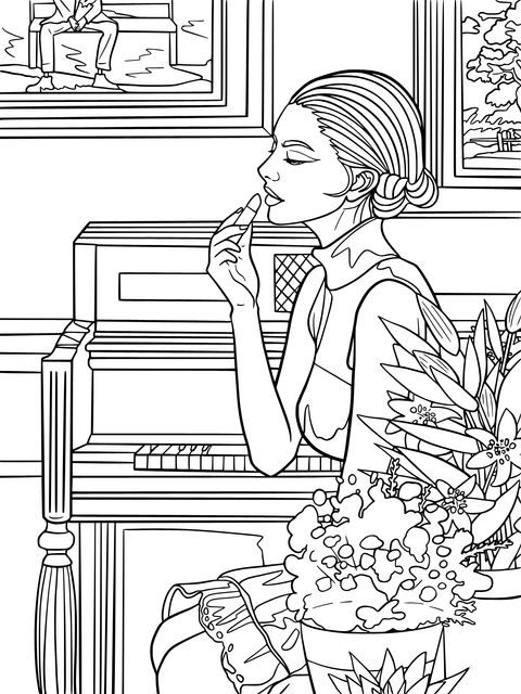 Coloring Page of a Lady Elegantly Applying Lipstick by the Piano