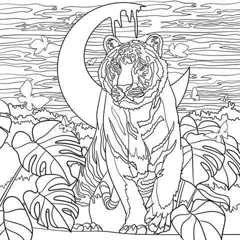 Tiger Coloring Page under the Moonlit Night