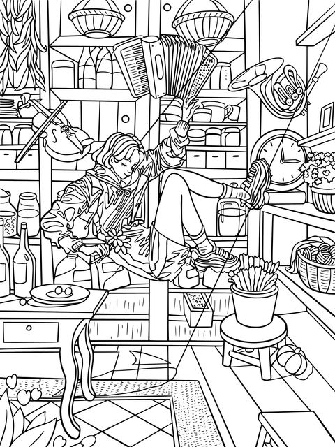 Coloring Page of a Stylish Teenager in a Music Instrument Room