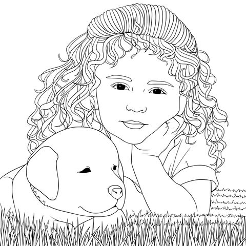 Girl and Puppy Coloring Page