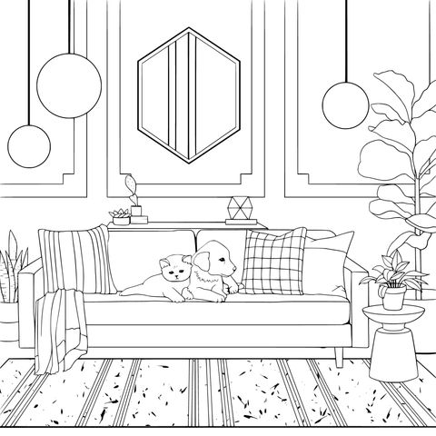 Cozy Living Room with Adorable Pets Coloring Page