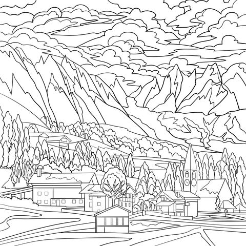 Autumn Mountain Village Scenery Coloring Page