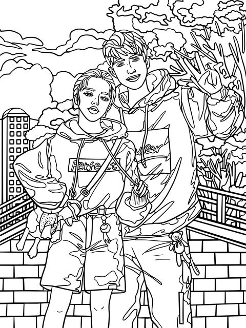 Fashionable Couple Cartoon Coloring Page