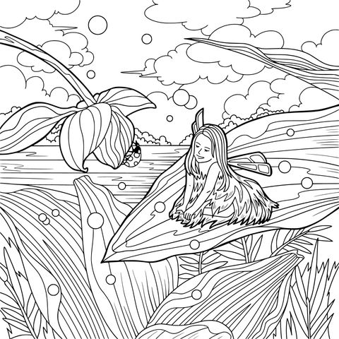 Fairytale Fairy Coloring Page: A Lovely Fairy in a Dreamy Nature Scene