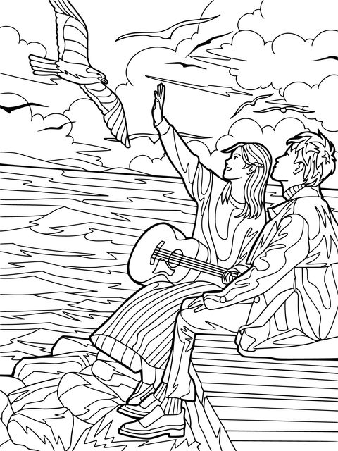 Couple by the Sea with Birds Coloring Page