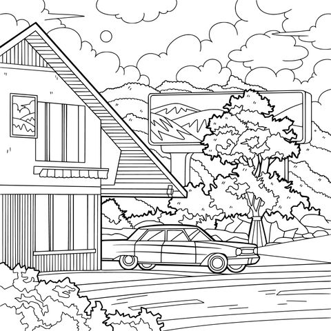 Coloring Page of a House and Car in the Suburbs