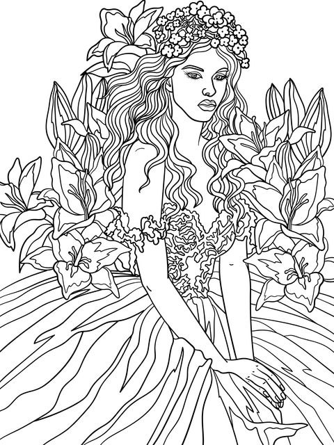 Coloring Page of a Woman Adorned with Flowers