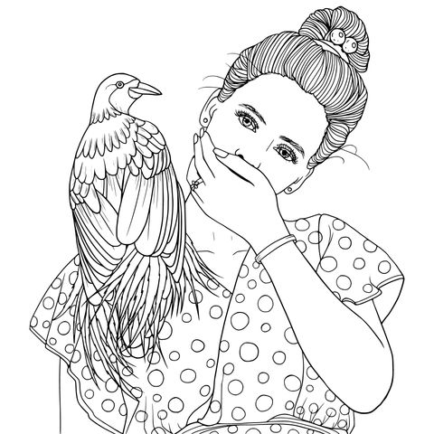 Página de colorear de una chica y un pájaro colorido