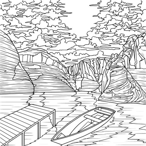 Lake - side Boat Scenery Coloring Page