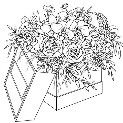 Beautiful Flower - Bouquet Gift - Box Coloring Page