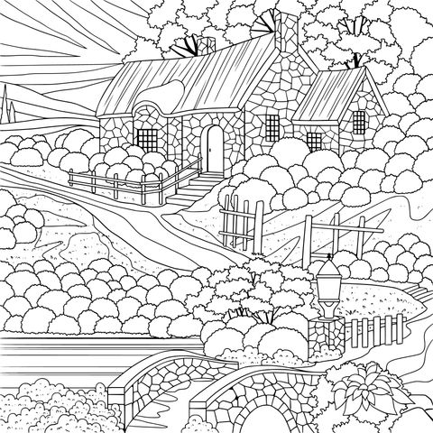 Rural Cottage Coloring Page