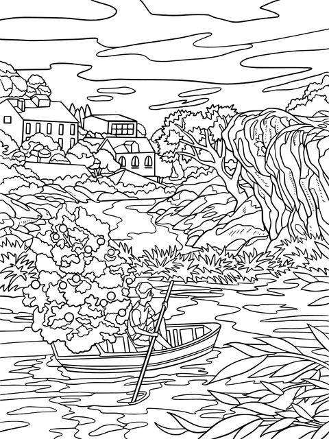 Rowing by the River Scenery Coloring Page