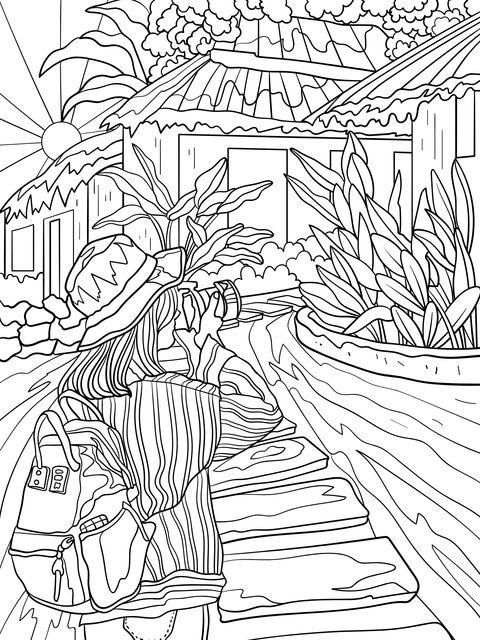 Traveler Taking Photos on a Wooden Walkway Coloring Page