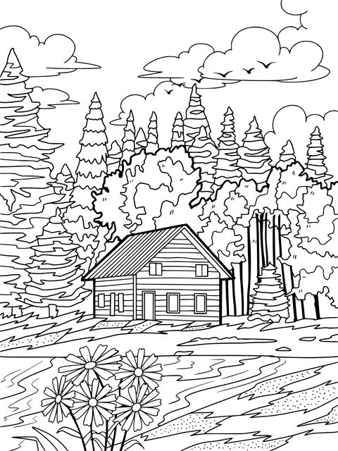 Autumn Scenery Coloring Page of a Lakeside Cabin