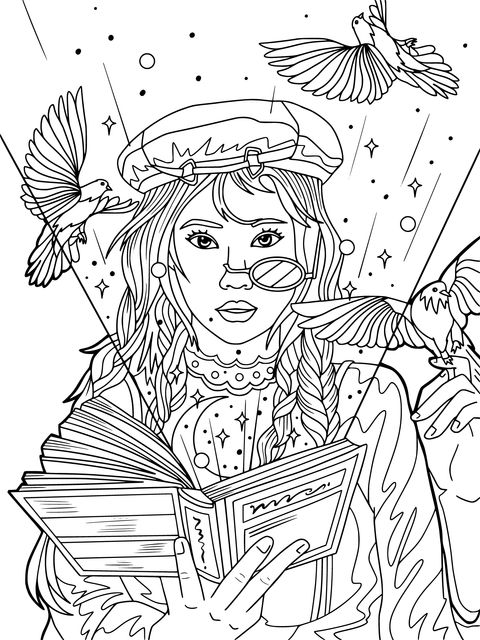 Fantasy Girl and Birds Coloring Page