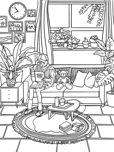 Cozy Indoor Scene Coloring Page: Boy Reading Comfortably